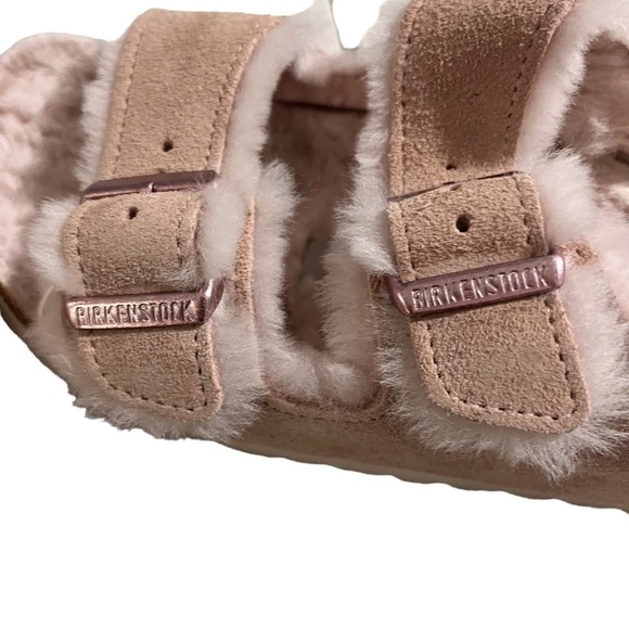 Birkenstock Arizona Shearling Slide Sandals Pink Size 5 Suede Buckle Slip On - Picture 8 of 11